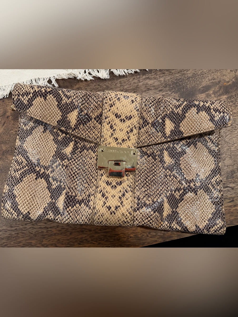 Jimmy Choo Beige and Brown Snake-Print Leather Clutch with Gold Hardware